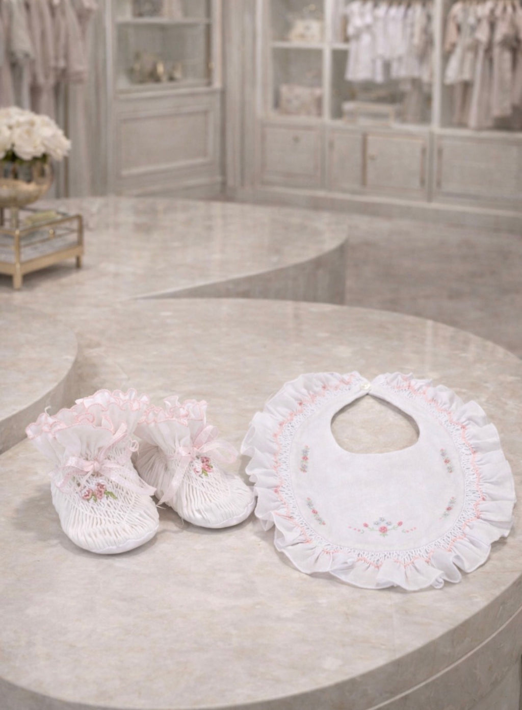 Sarah Louise Smocked Bib and Bootie Set