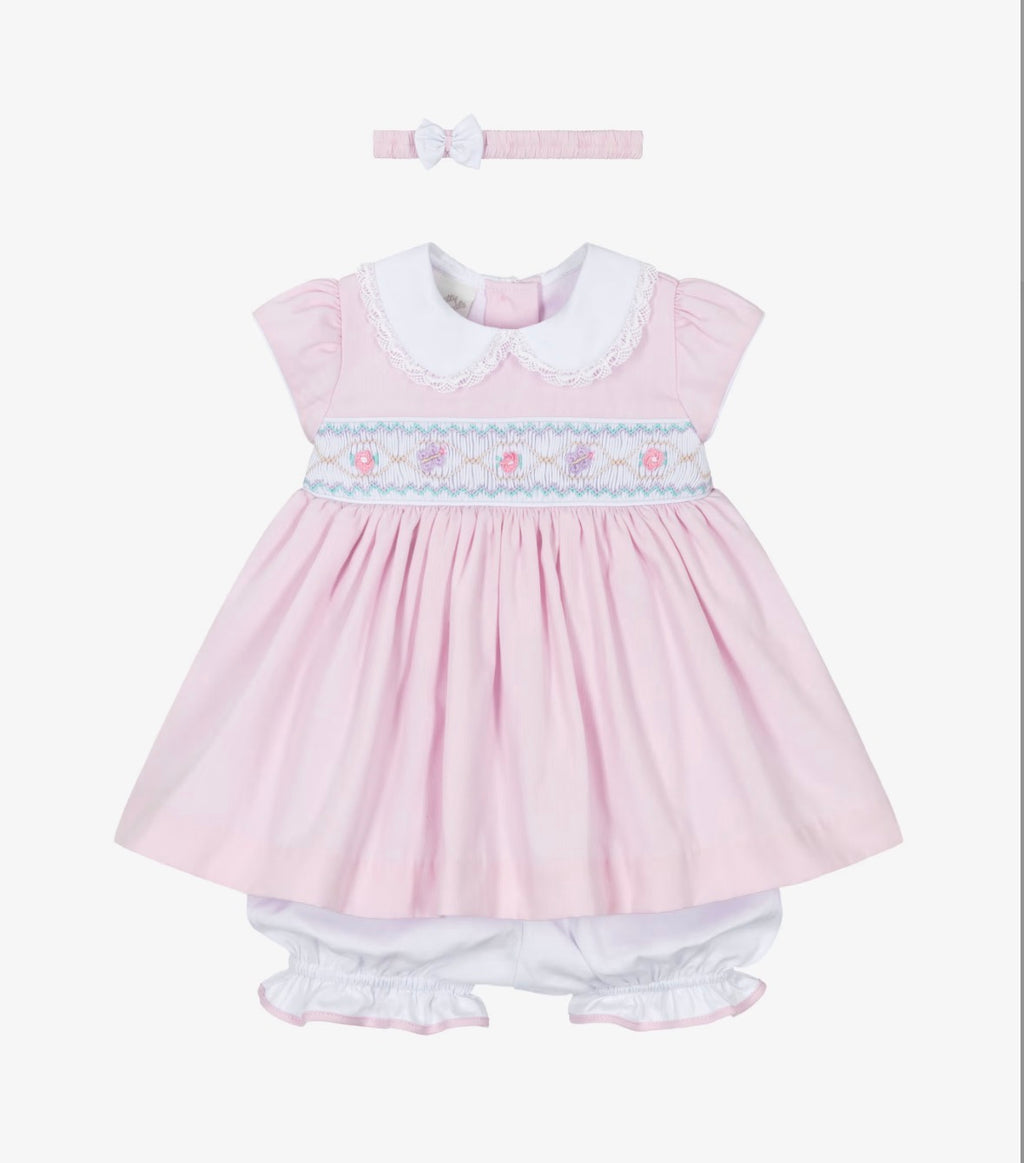 Pretty Originals Girls Pale Pink with Lilac Hand-Smocked Dress & Headband Set (Copy)