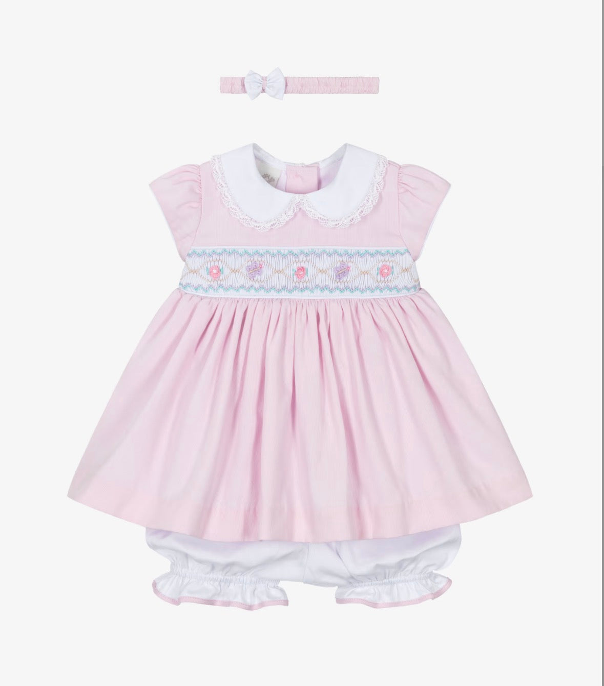 Pretty Originals Girls Pale Pink with Lilac Hand-Smocked Dress & Headband Set (Copy)