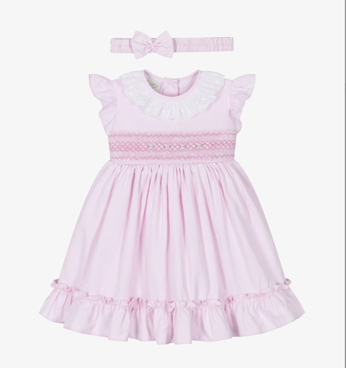 Pretty Originals Girls Pale Pink Hand-Smocked Dress & Headband Set
