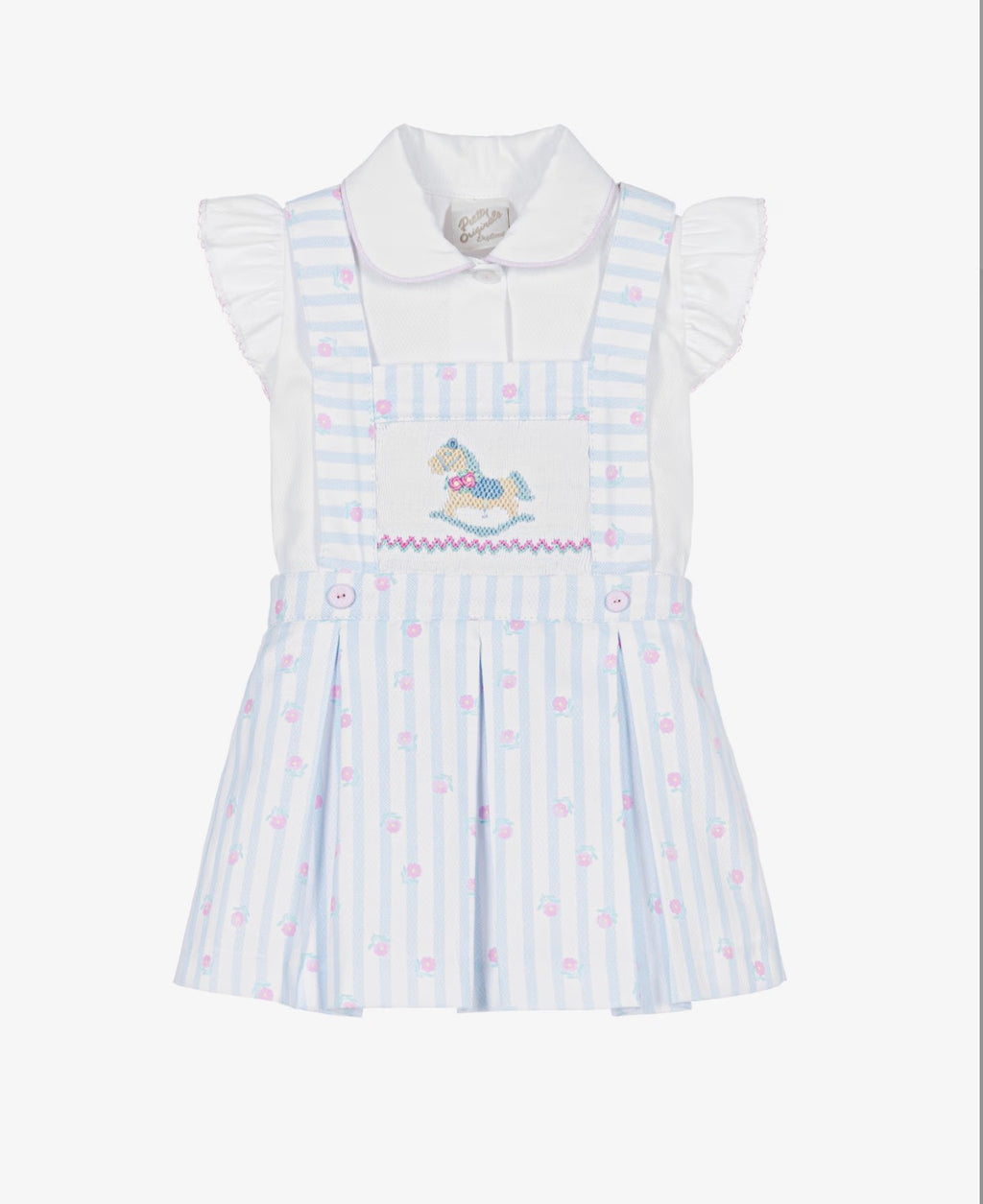 Pretty Originals Girls Blue Floral Pinafore Hand-Smocked Rocking Horse Outfit