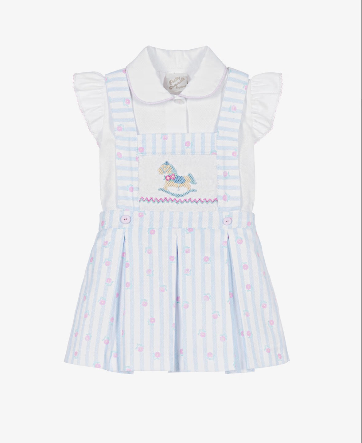 Pretty Originals Girls Blue Floral Pinafore Hand-Smocked Rocking Horse Outfit