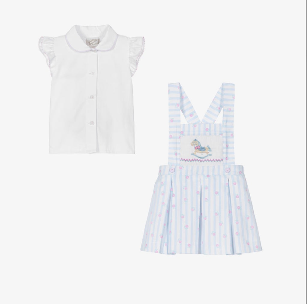 Pretty Originals Girls Blue Floral Pinafore Hand-Smocked Rocking Horse Outfit
