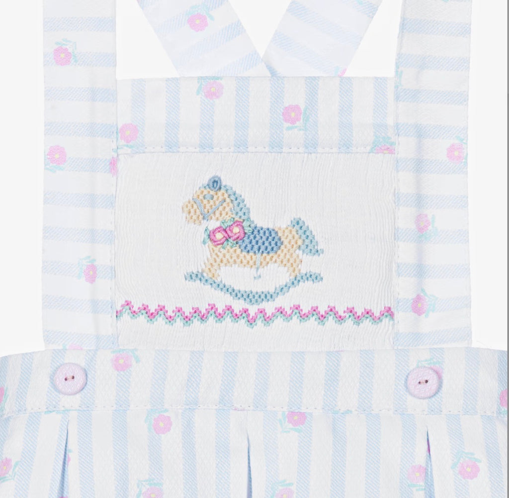 Pretty Originals Girls Blue Floral Pinafore Hand-Smocked Rocking Horse Outfit