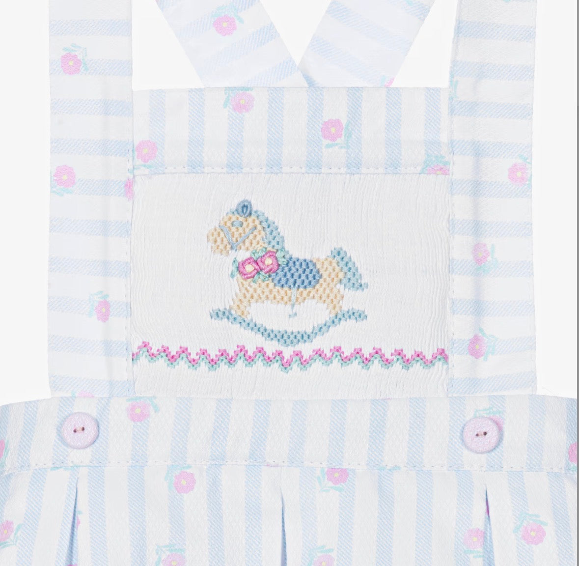 Pretty Originals Girls Blue Floral Pinafore Hand-Smocked Rocking Horse Outfit