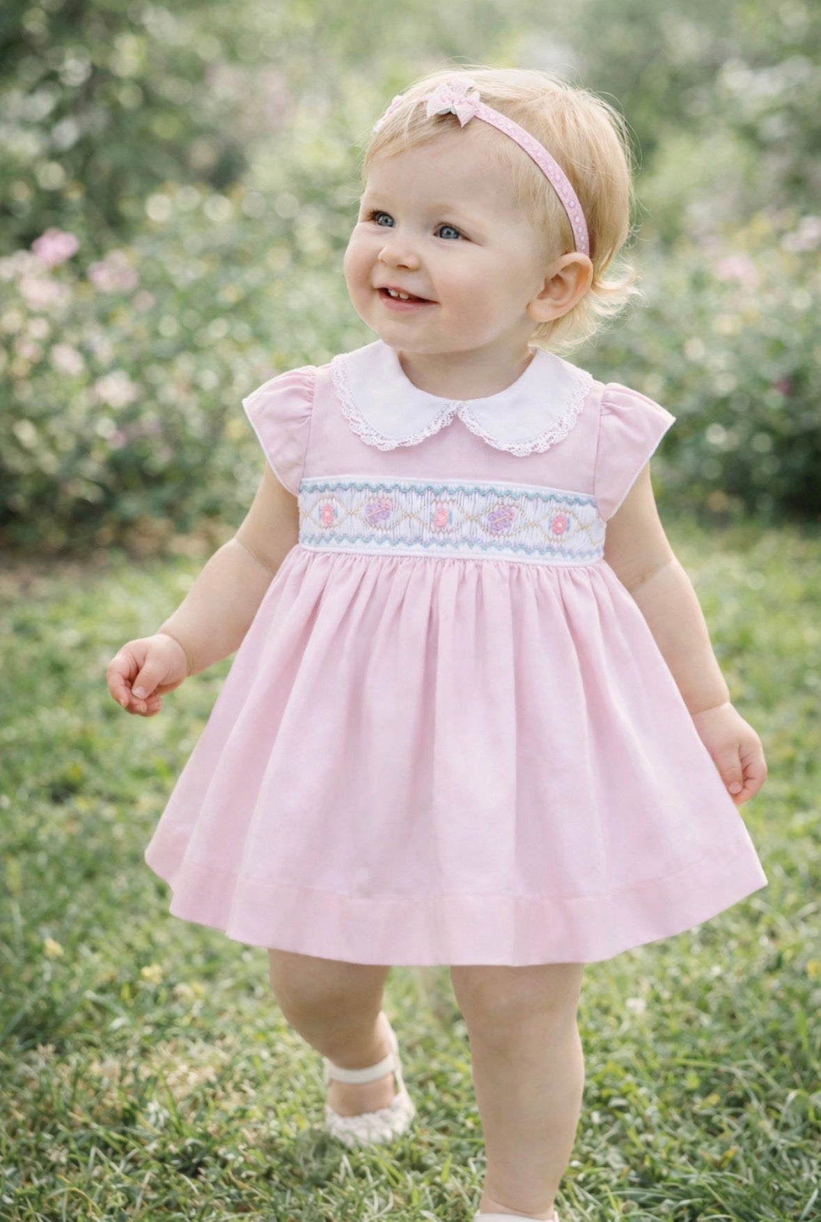 Pretty Originals Girls Pale Pink with Lilac Hand-Smocked Dress & Headband Set (Copy)