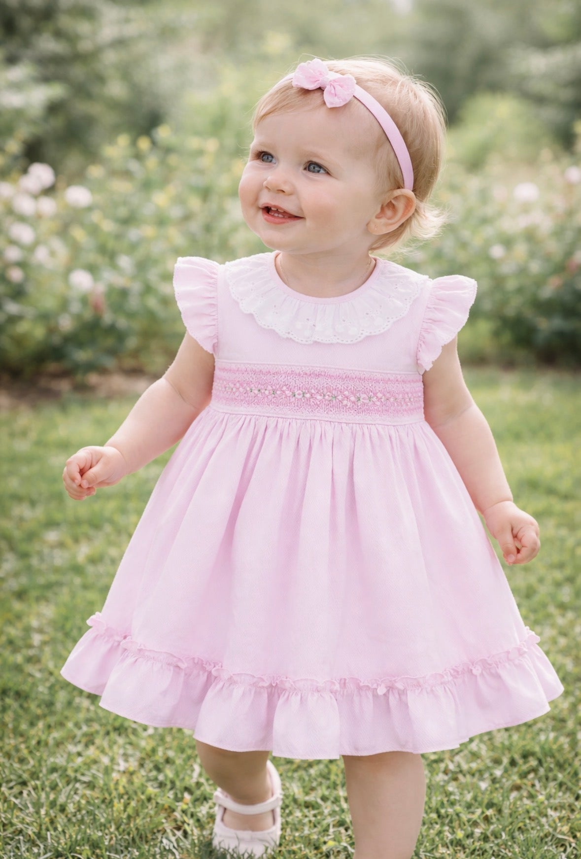 Pretty Originals Girls Pale Pink Hand-Smocked Dress & Headband Set