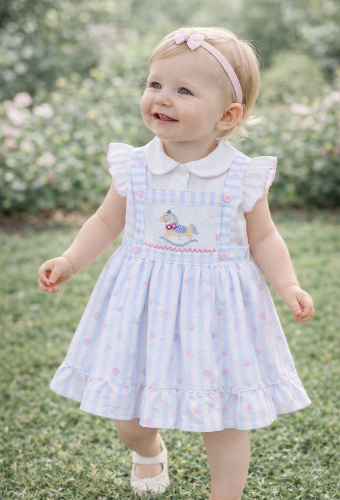 Pretty Originals Girls Blue Floral Pinafore Hand-Smocked Rocking Horse Outfit