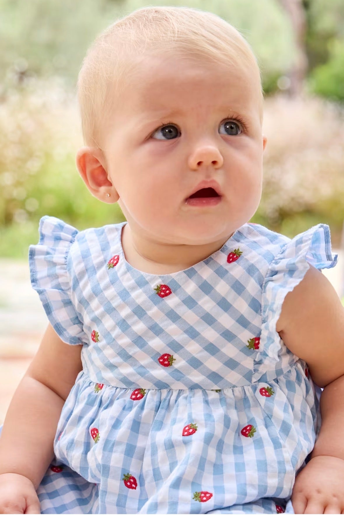 Mayoral Embroidered Strawberry Blue Gingham Dress