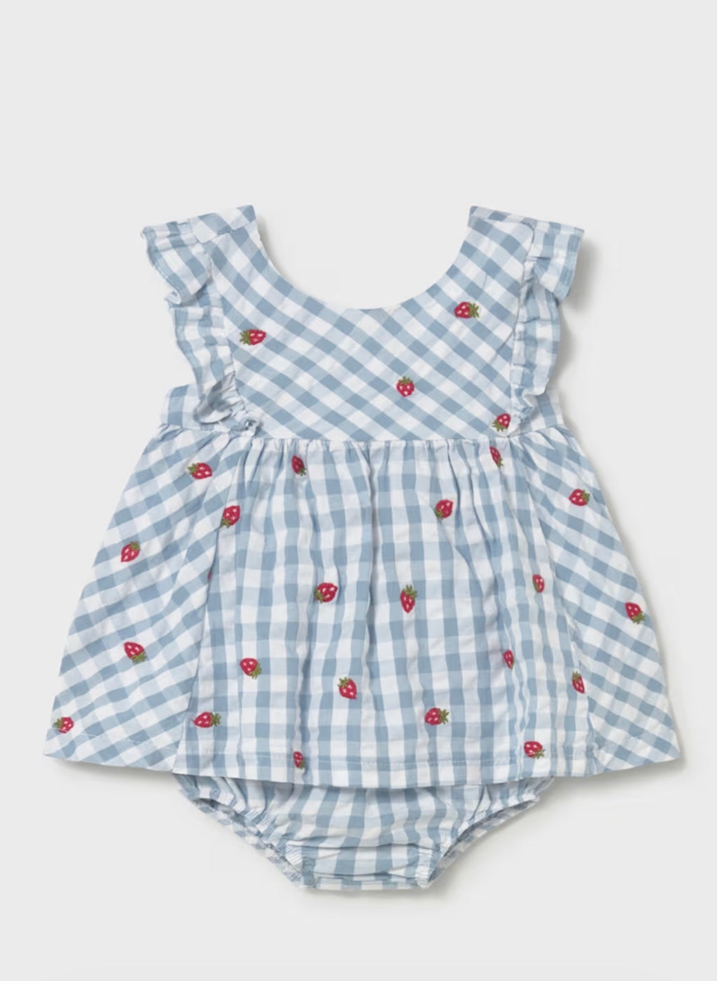 Mayoral Embroidered Strawberry Blue Gingham Dress