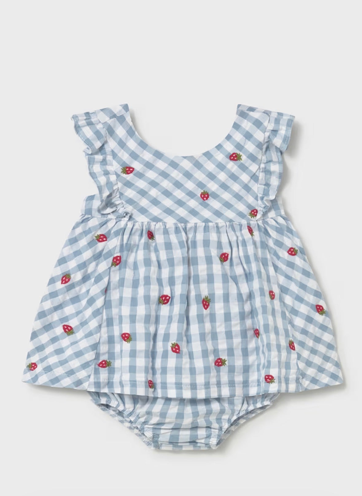 Mayoral Embroidered Strawberry Blue Gingham Dress