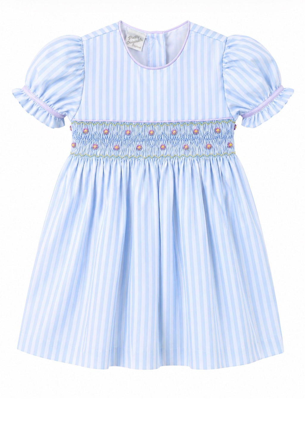 Pretty Originals Girls Blue Pin-Striped Puff Sleeved Hand-Smocked Dress