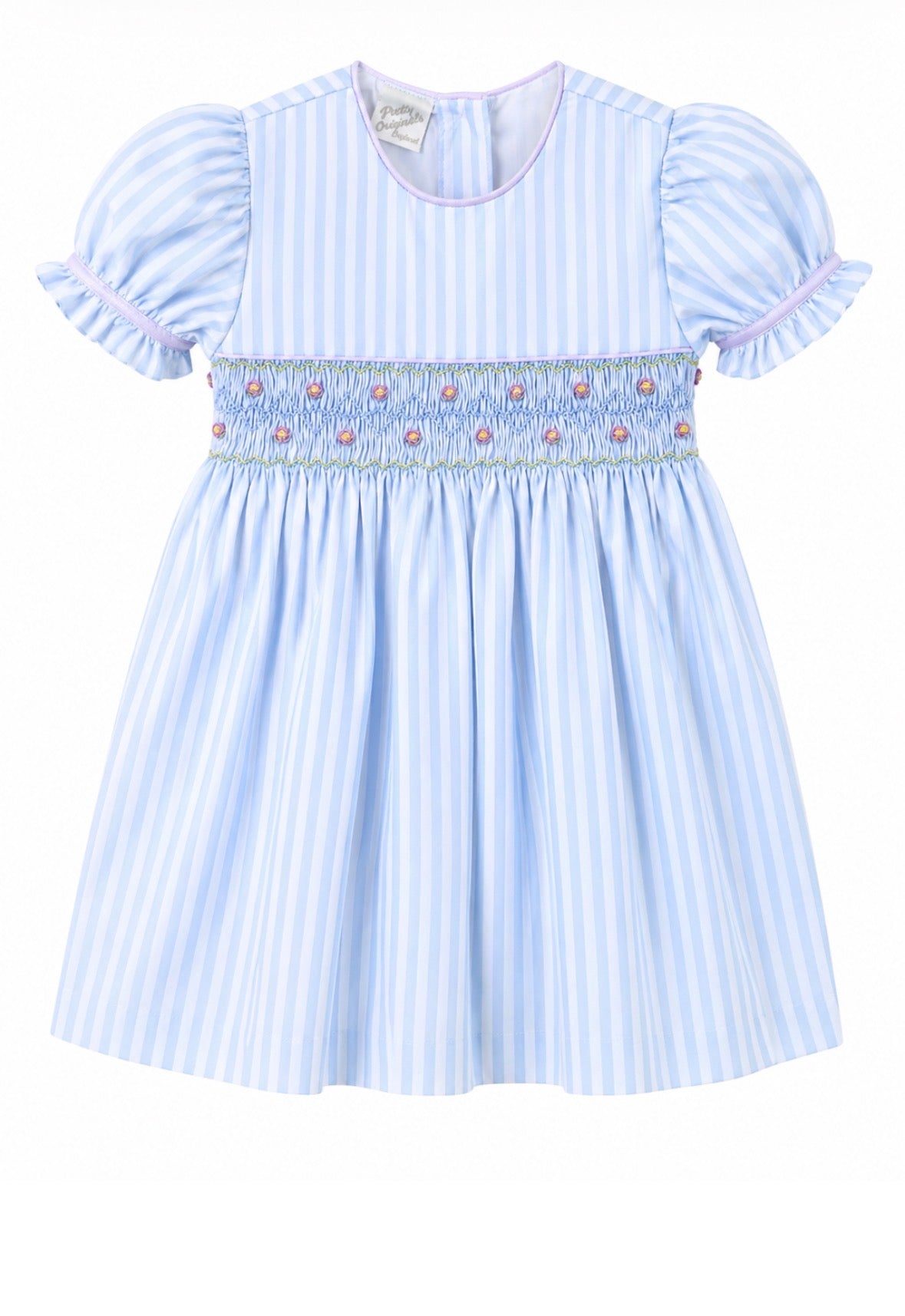 Pretty Originals Girls Blue Pin-Striped Puff Sleeved Hand-Smocked Dress