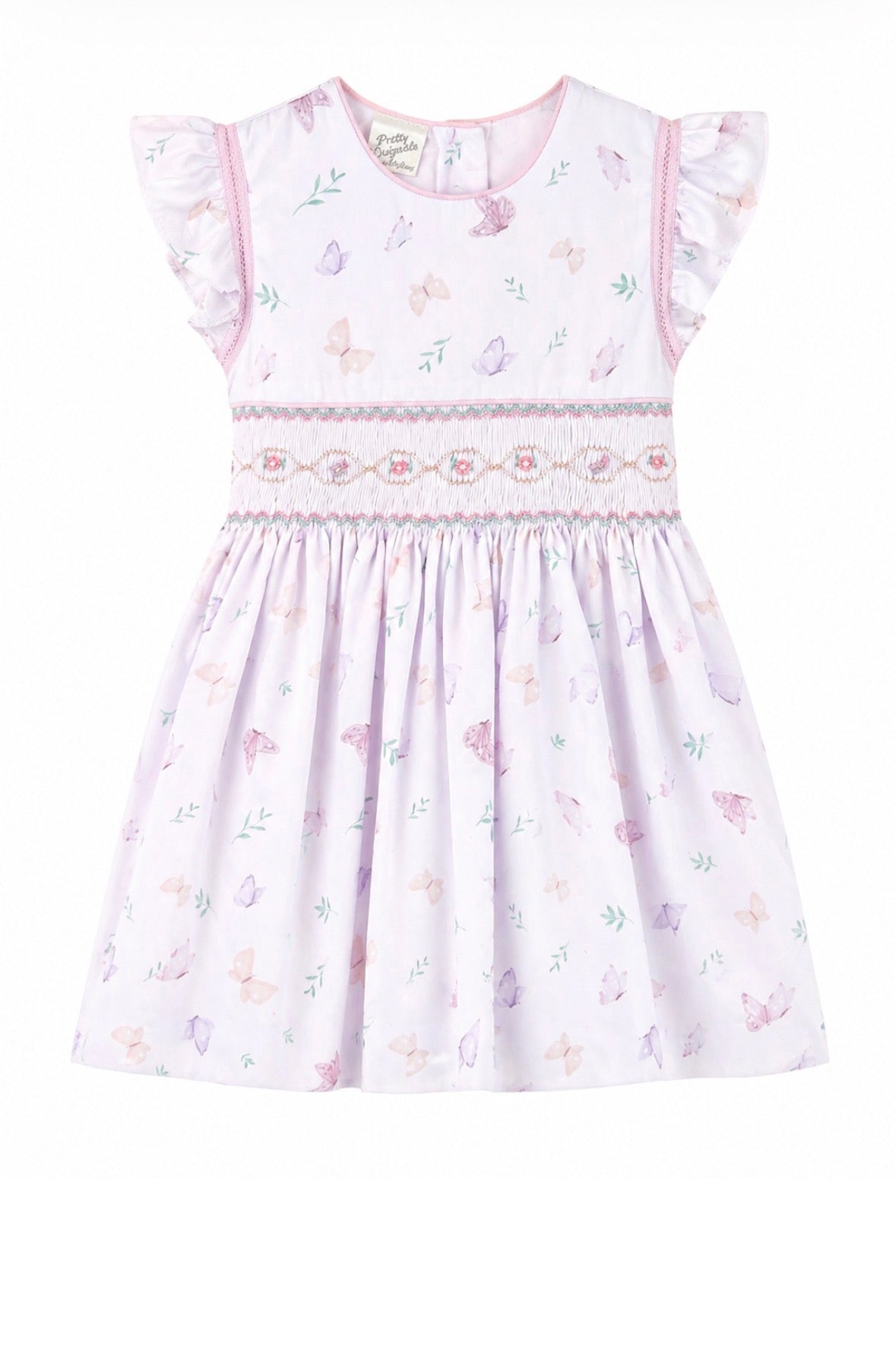 Pretty Originals Girls Lilac Butterfly Print Hand-Smocked Dress