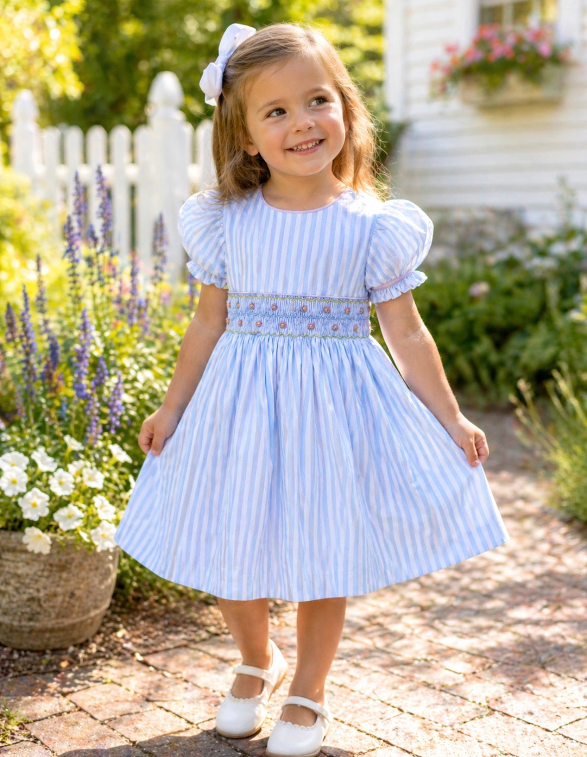 Pretty Originals Girls Blue Pin-Striped Puff Sleeved Hand-Smocked Dress
