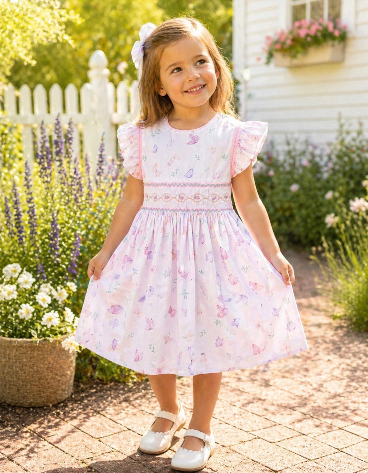 Pretty Originals Girls Lilac Butterfly Print Hand-Smocked Dress